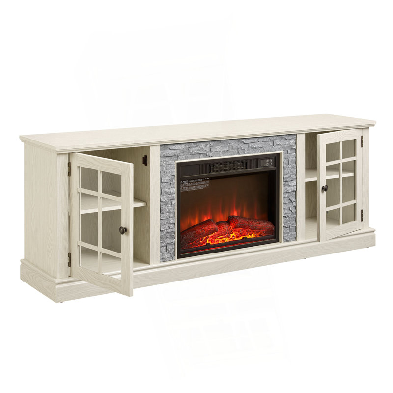 Meuble télé 70 po avec rangement à 2 portes et foyer électrique de 23 po Afor, meuble multimédia en cerisier pour salon Afor