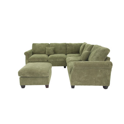 Srinav 4 Piece Corduroy Upholstered Sectional With 2 Pillows In Sage by Winston Porter