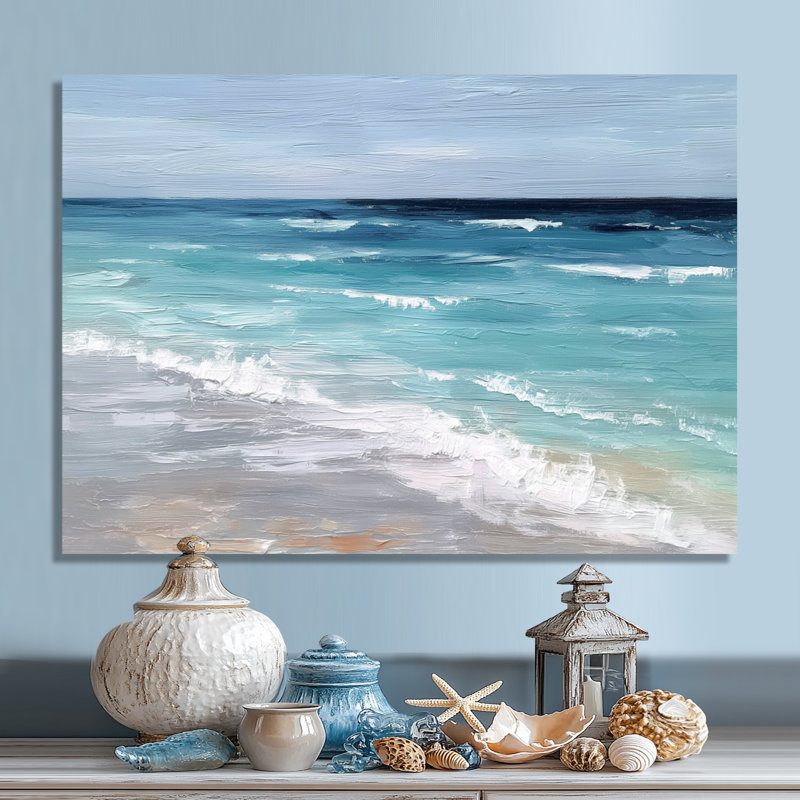 «Blue and White Coastal Beach Wonder», reproduction d'art sur toile, bord de mer blanc, H 24 po x l 32 po, Toile tendue