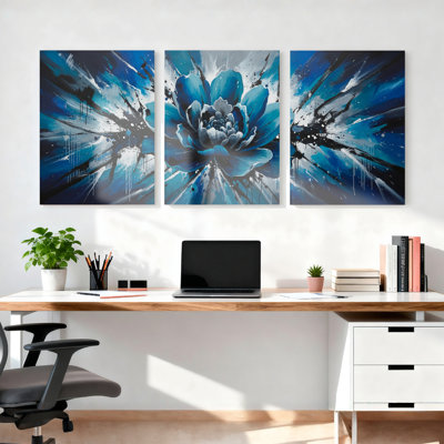 Ensemble de 3 tableaux abstraits sur toile tendue, représentant des fleurs de lotus bleues, pour la décoration du salon et de la chambre.