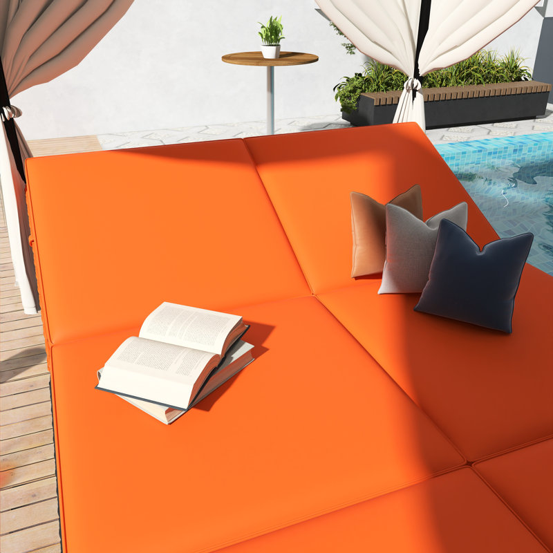 Lit de jour de patio en osier avec rideaux et coussins orange, mobilier d'extérieur avec sièges réglables, Orange