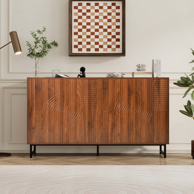 Buffet Mid-Century moderne en noyer, armoire de rangement sculptée géométrique de 59 x 16 x 33 pouces avec pieds en métal, crédence polyvalente pour le salon, la salle à manger et le vestibule