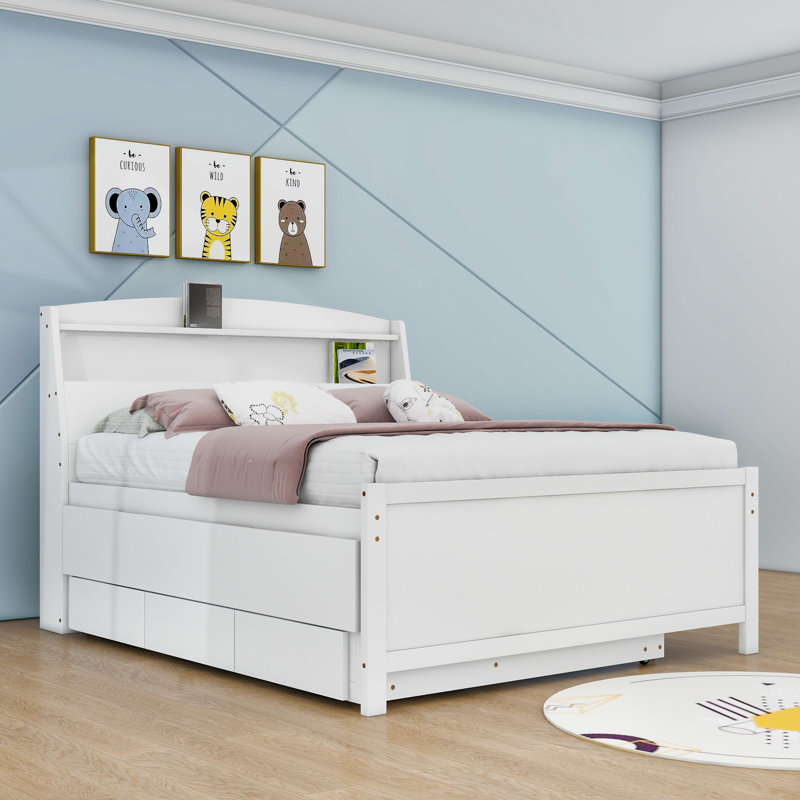 Lit plateforme en bois Sinit avec tête de lit DEL, tiroirs et lit gigogne simple, Complète