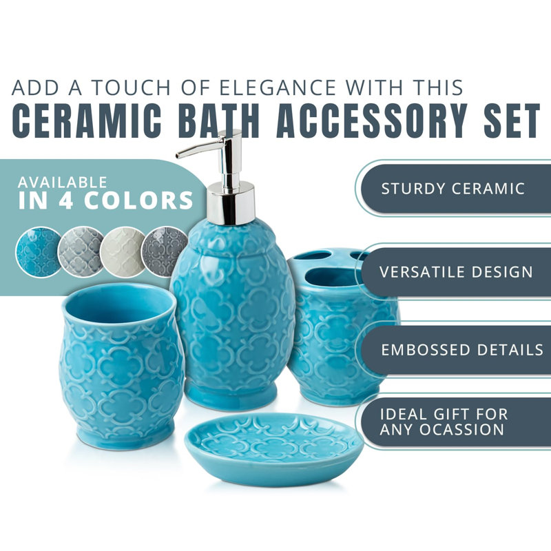 Ensemble d'accessoires de salle de bain 4 pièces - Ensemble de salle de bain en céramique avec finition brillante bleue - Accessoires de meuble-lavabo modernes, y compris porte-savon, gobelet et porte-brosse à dents