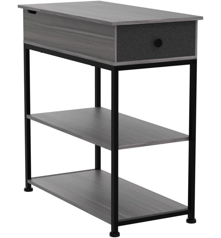 Narrow Side Table With Charging Station, End Table, Couch Table With Fabric Drawer For  For Living Room, Bedroon, Grey