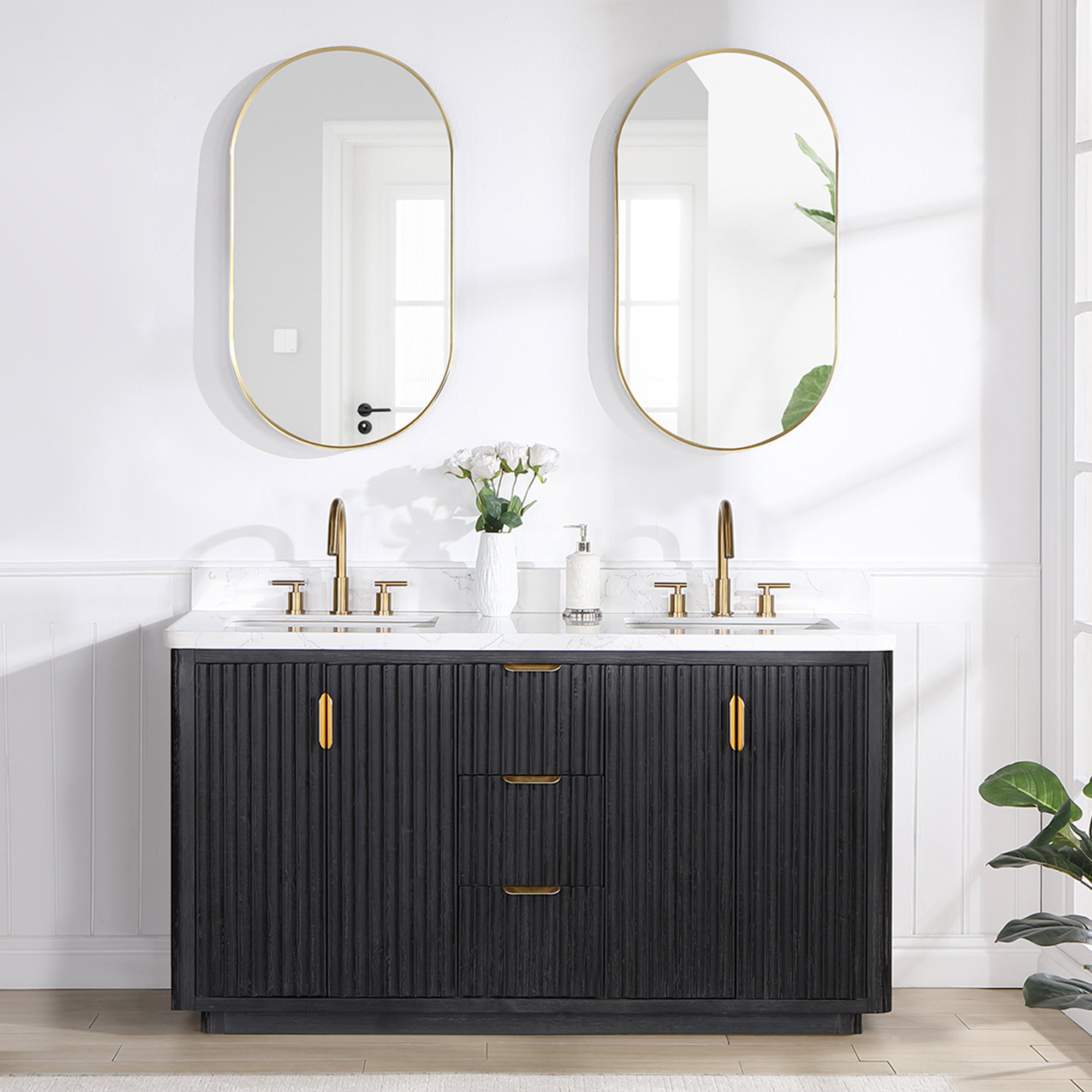 Adela 60'' Double Bathroom Vanity, Gold, White, Black