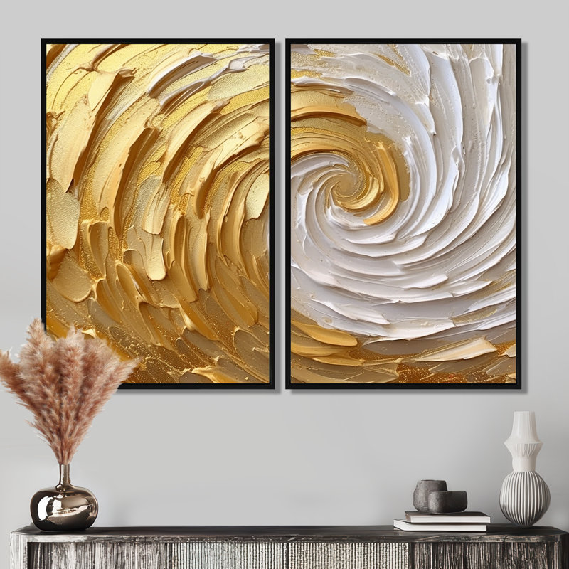 «Gold and Cream Enchanted Whirls I», art mural spirales abstraites, Floater Framed Print without Mat, Black, 36" H x 48" W