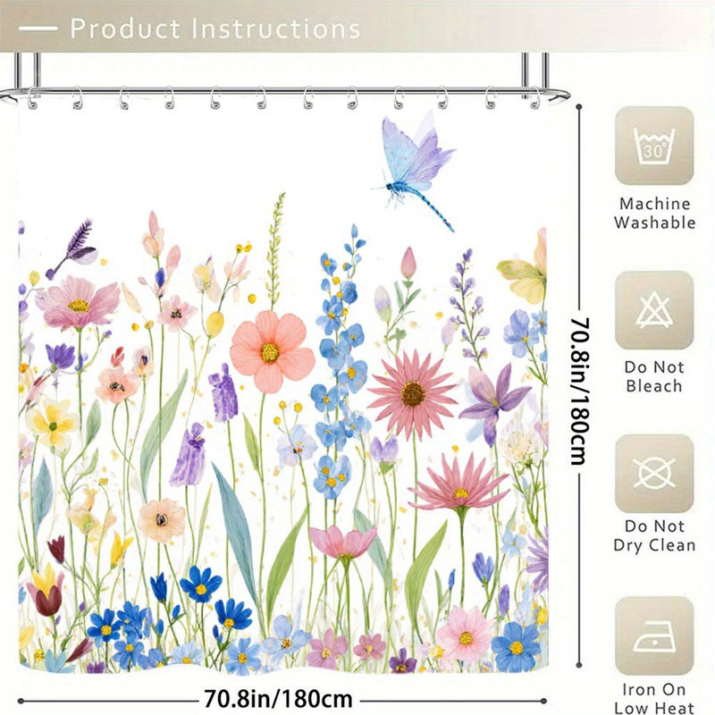 Rideaux de douche Watercolor Wildflowers pour salle de bain, 71 po x 71 po, Motif floral bleu 2
