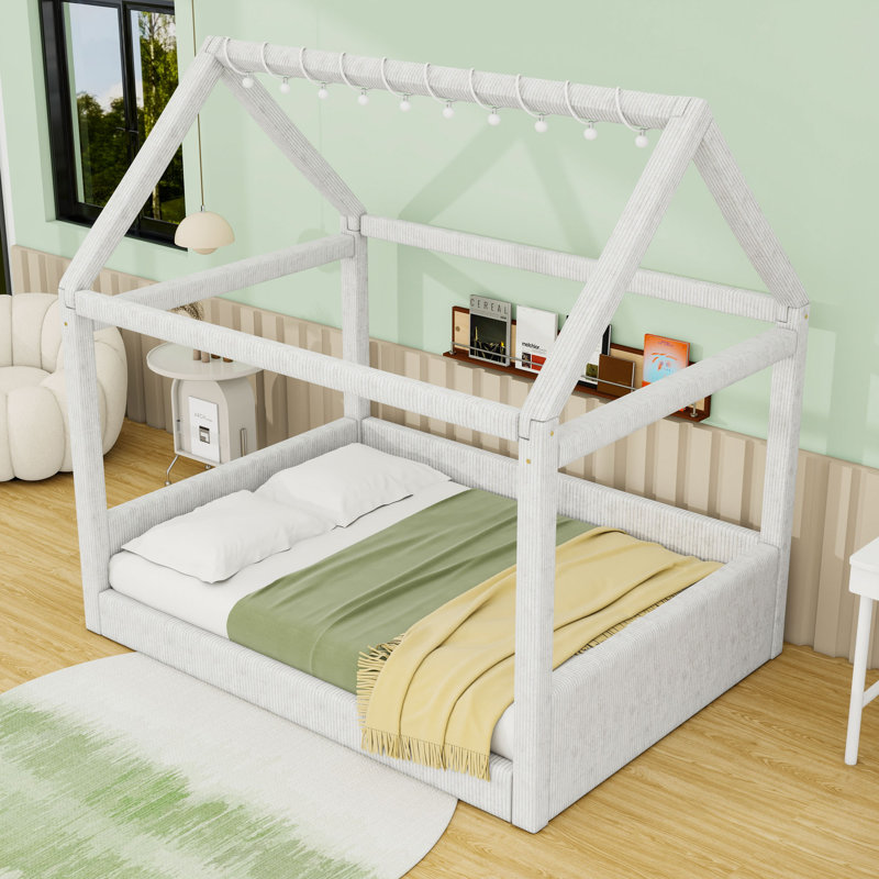Full-Size Corduroy Upholstered House-Shaped Daybed with LED Light, Beige