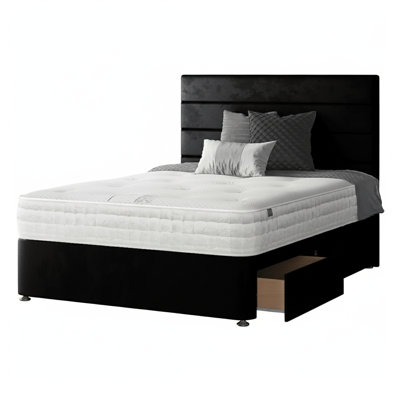 Kiara Stripped Floor Standing Headboard with Divan Base Plush Velvet and Metal Feet