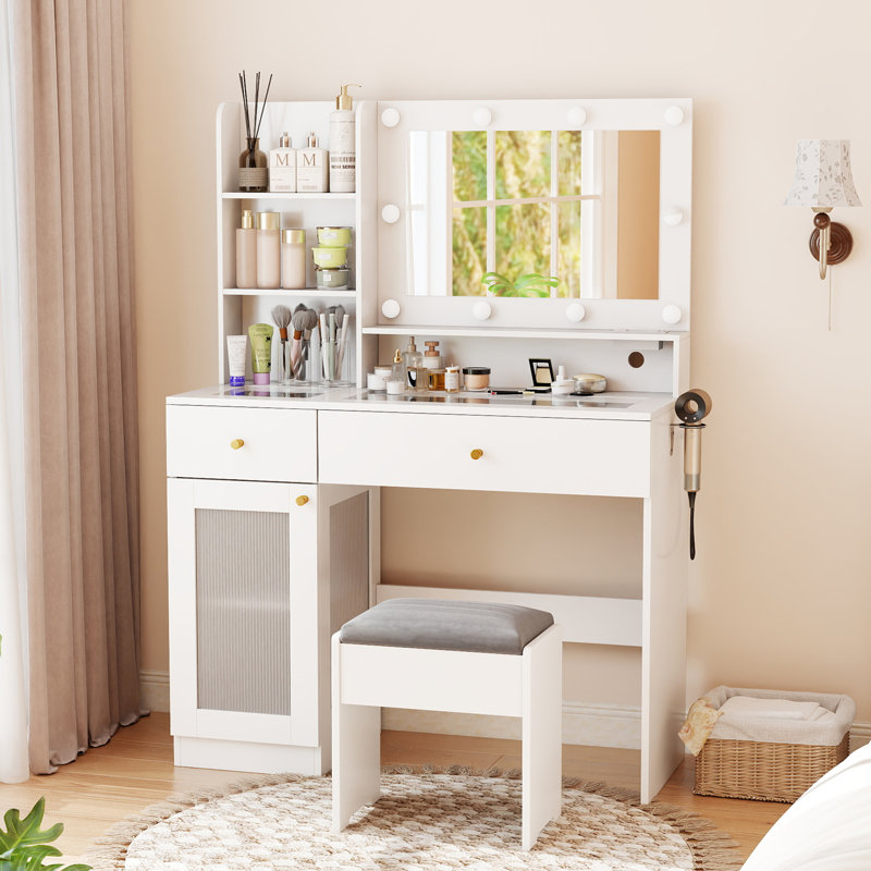 40" Makeup Vanity with LED Lighted Mirror and Charging Station, Glass Top Vanity Desk with Drawers and Shelves