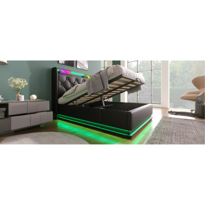 Lit simple tapissier, fonction DEL à 360 degrés, boutons / applications / télécommande, lit de rangement hydraulique avec chargement USB de type C, noir, unité centrale (sans matelas)