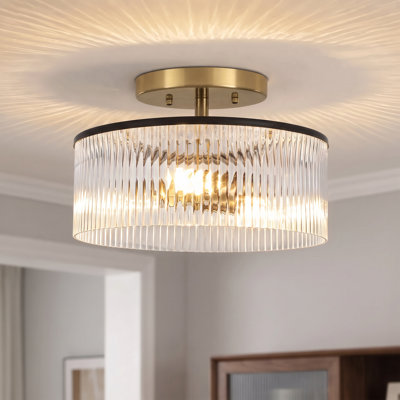 3-Light Drum Semi-Flush Mount Ceiling Light with Clear Ribbed Glass Shade