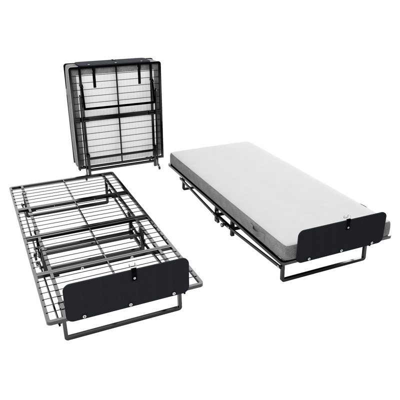 Structure de lit simple pliante en métal minimaliste avec matelas en mousse de 4 po, 4 roulettes pour le rangement mobile, bon appartement et mobilité pour les invités, peu encombrante