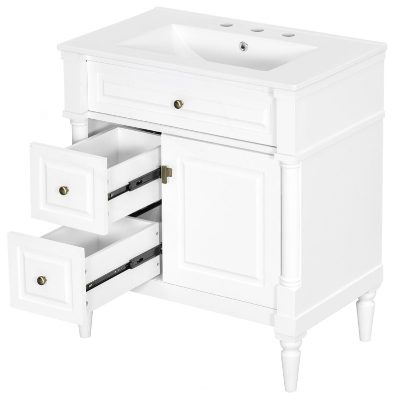 Meuble-lavabo de 30 po avec lavabo, armoire de salle de bain autoportante blanche avec tiroir rabattable et tablette réglable, structure en bois d'hévéa massif, panneaux de fibres à densité moyenne et poignées en métal