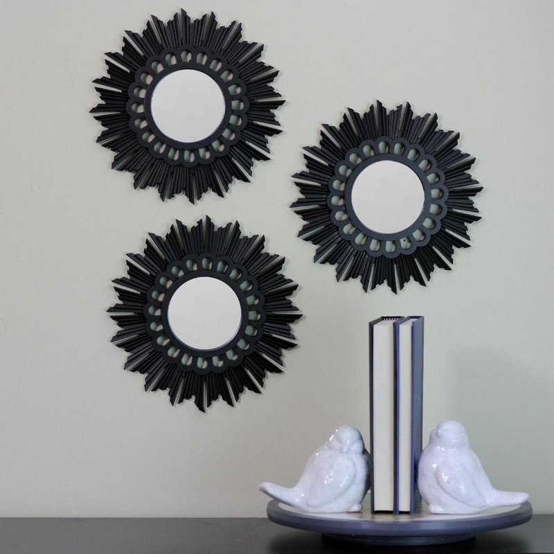 Set of 3 Black Sunburst Floral Mini Mirrors