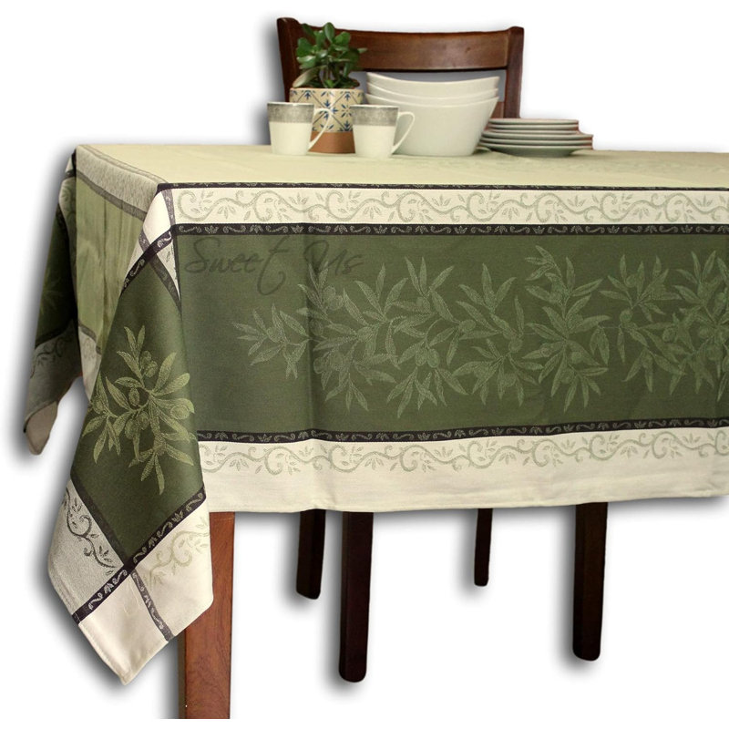 Wipeable Stain Resistant polytetrafluoroethylene Coated Provencal Jacquard Cotton Olive Floral Tablecloth Collection