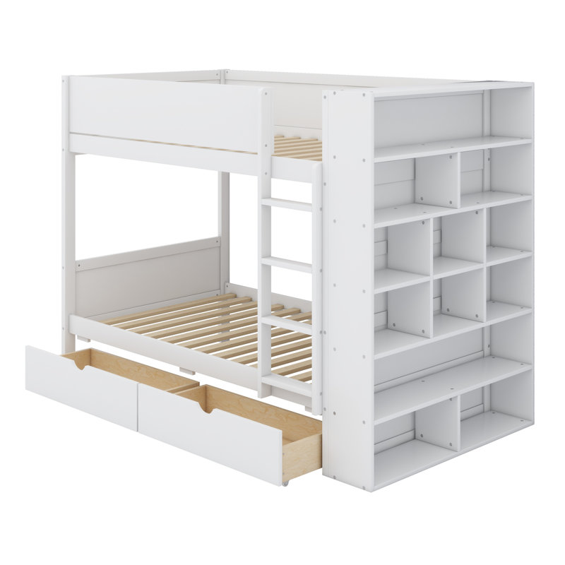 Lit superposé avec 2 tiroirs et tablettes, Lit simple, Blanc