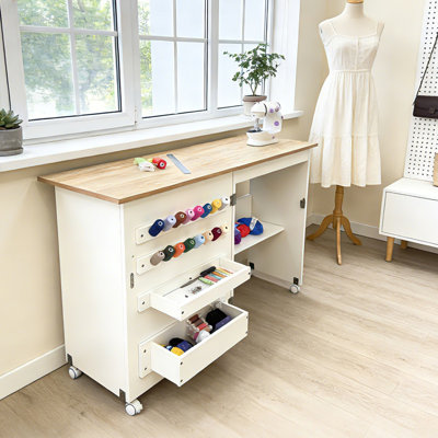 Folding Sewing Table with Wheels – Portable Sewing Machine Workstation with Storage Shelves, Trays, Wooden Pegs, Magnetic Catch, Compact Craft Station Side Desk