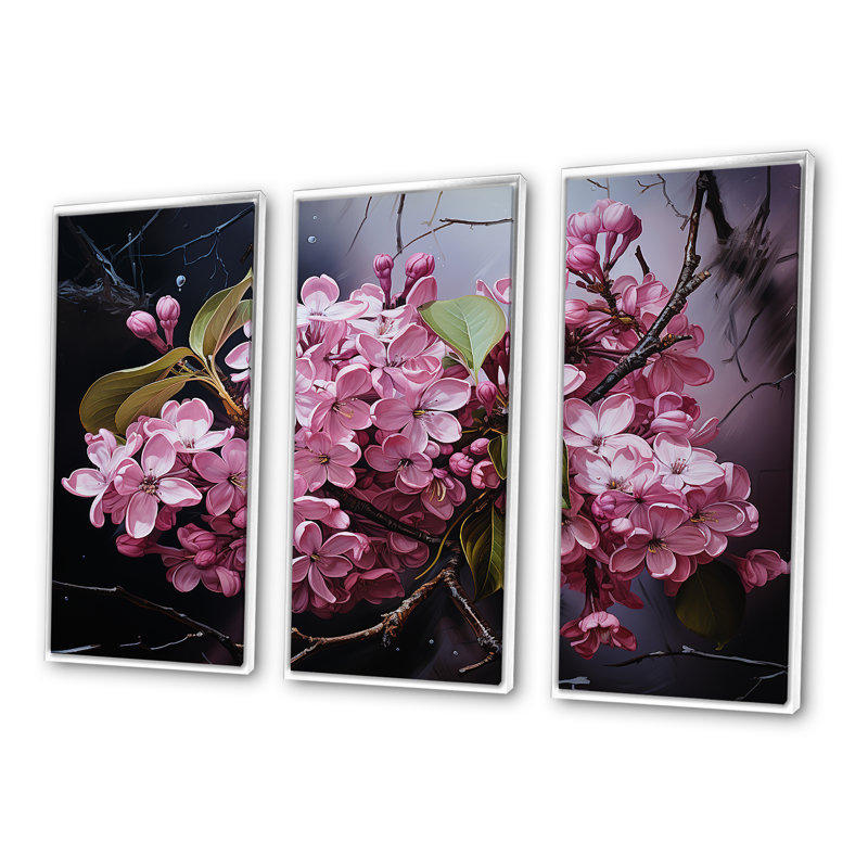 «Noir Enigma Pink Lilac Charm» - ensemble de reproductions d'art mural lilas, Cadre flottant blanc