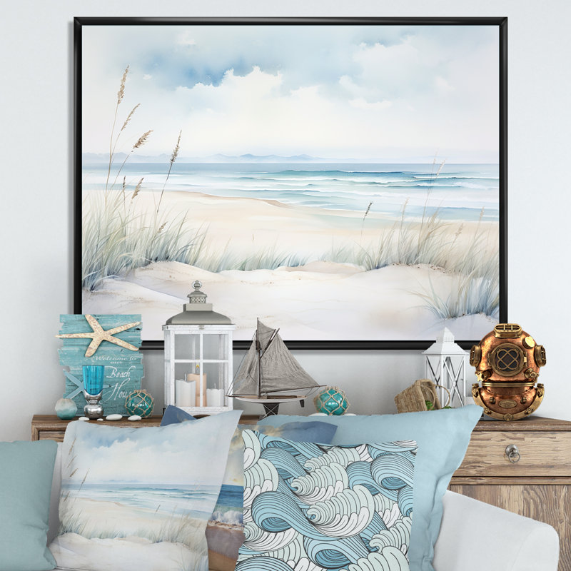 «Soft Color Beach Horizon III - Coastal Minimalisme», art mural, H 12 po x l 20 po x P 1 po, Cadre flottant noir