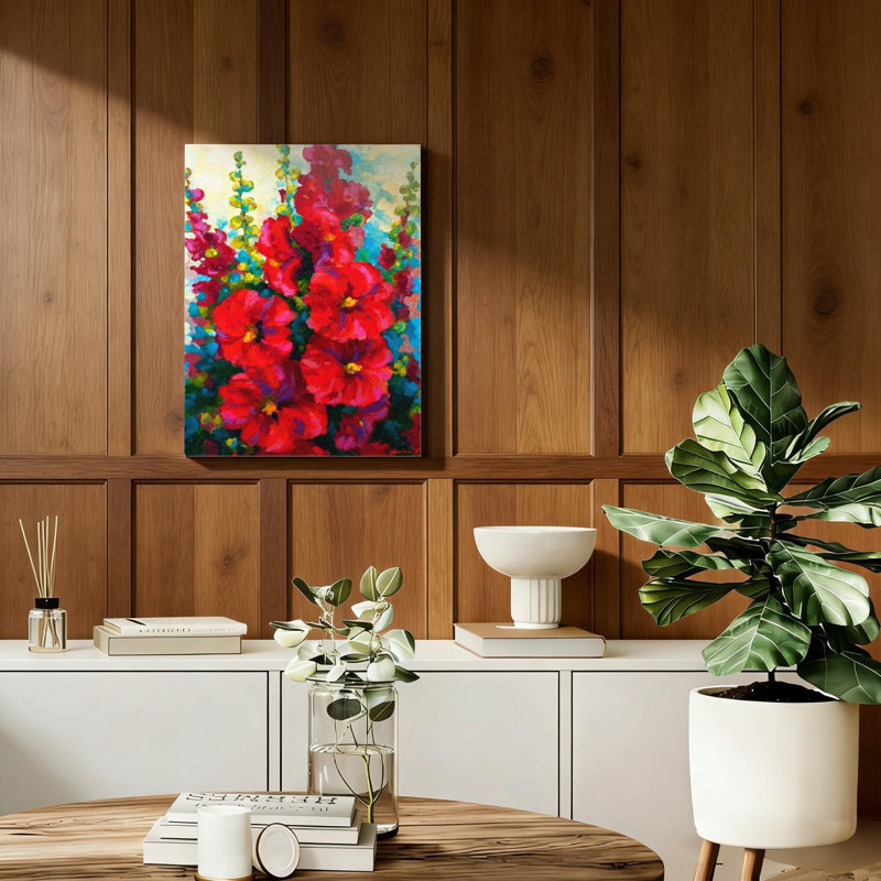 Red Hollyhocks, art mural - peinture sur toile pour décoration murale de salon, cadre en bois massif, 16 po x 24 po