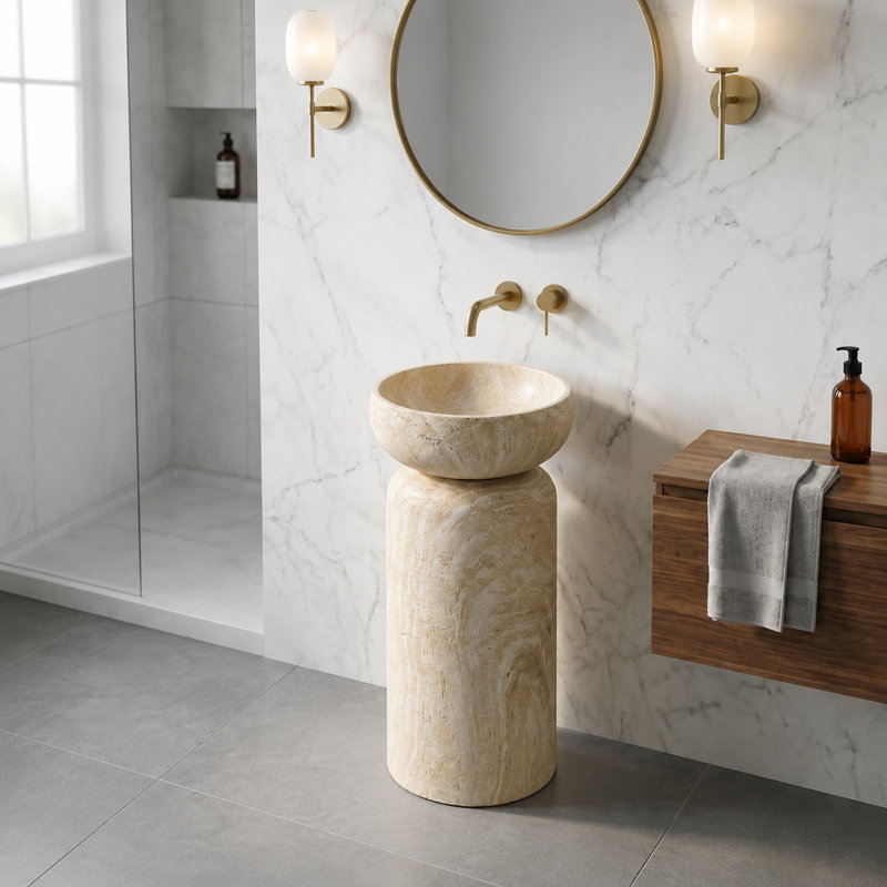 Lavabo de salle de bain autoportant rond 34 po en pierre d'ingénierie avec finition veinée naturelle