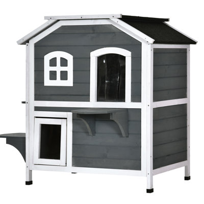 Outdoor Wooden Cat Enclosure - 2-story . Escape Door, Openable Roof, Jumping Platforms For Cats. Gray. For Delicate Tiny Cats Under 10 Lbs House With