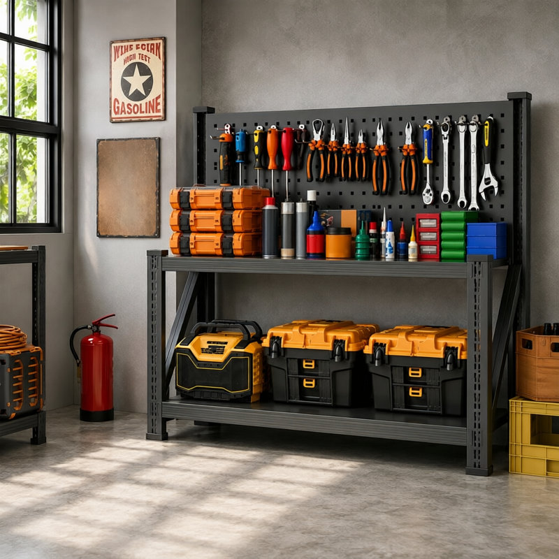 48"W Metal Workbench with Pegboard,Heavy-Duty Work Bench with Adjustable Shelves,2000 LBS Work Table with Storage for Garage,Studio,Black