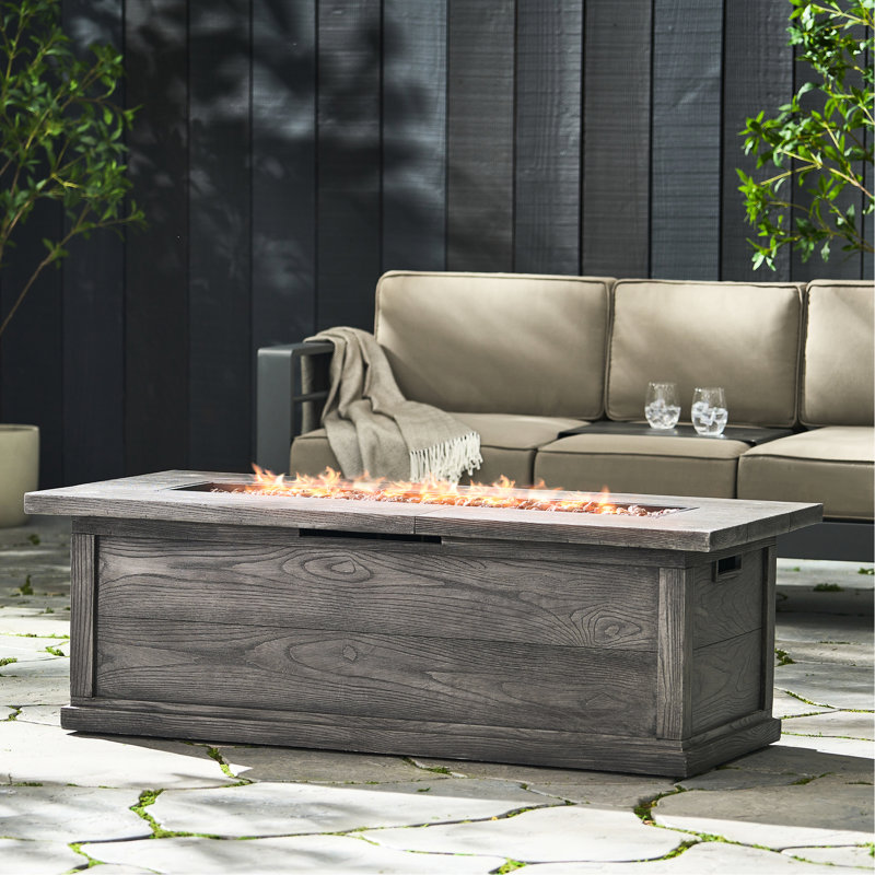 Foyer en béton de 56 po x 19,66 po, 50 000 propane, motif en bois gris - Ajoutez de la chaleur à votre jardin extérieur avec finition Patio