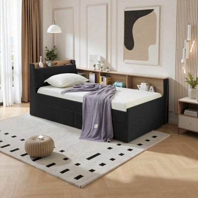 Lit de jour simple avec tiroirs de rangement, tête de lit à DEL et chargement sans fil