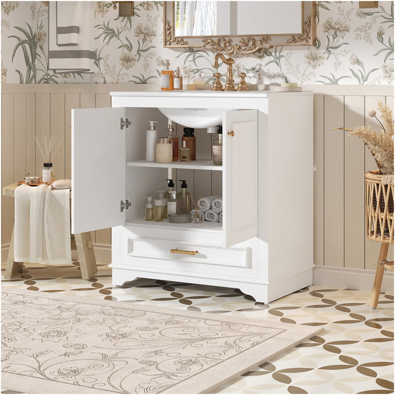 Meuble-lavabo de luxe 30 po avec lavabo en céramique, meuble-lavabo avec 2 grandes portes à fermeture douce, meuble de rangement en bois