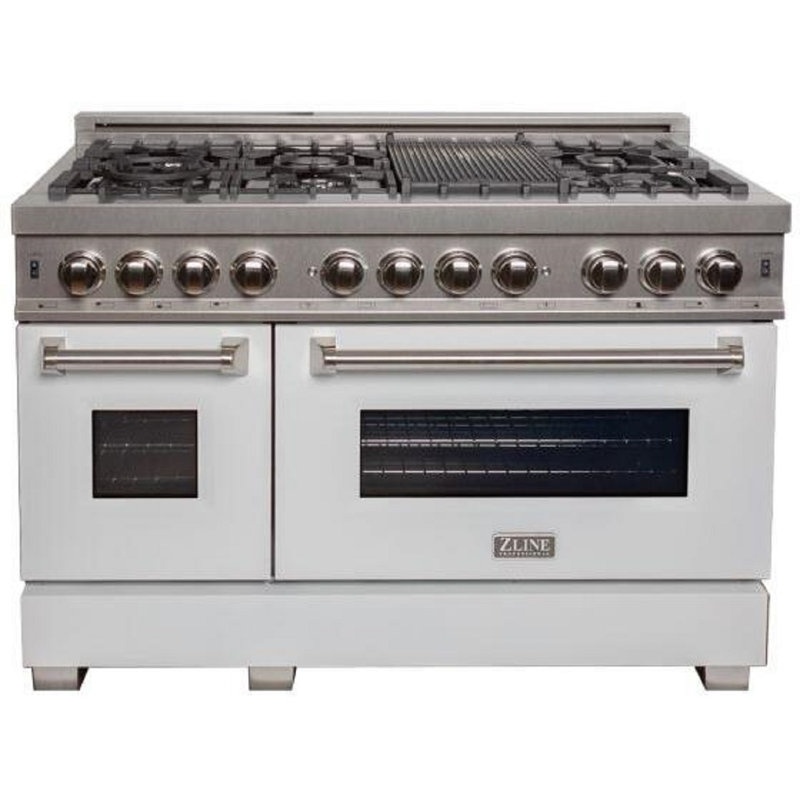 Cuisinière à double combustible ZLINE 48 po avec 7 brûleurs et 2 fours ZLINE, Acier inoxydable satiné blanc mat