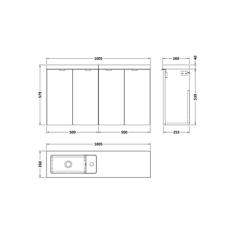 1003mm Single Bathroom Vanity with Drop In Poly Marble Basin