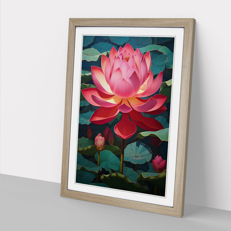 Lotus Flower Hard Edge - Single Picture Frame Print on Wood, Oak Framed, 64cm H x 46cm W x 2cm D