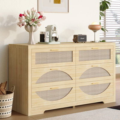 Rattan Storage Dresser With 6 Drawers, Wooden Cabinet For Bedroom & Living Room