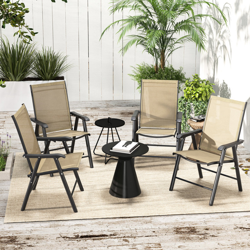 4Pcs Patio Folding Chairs - Stackable Outdoor For Lawn, Picnic, Beach. With , Lightweight, Metal Frame, No Assembly, Brown 4 Chair Dining. Portable, Mixed