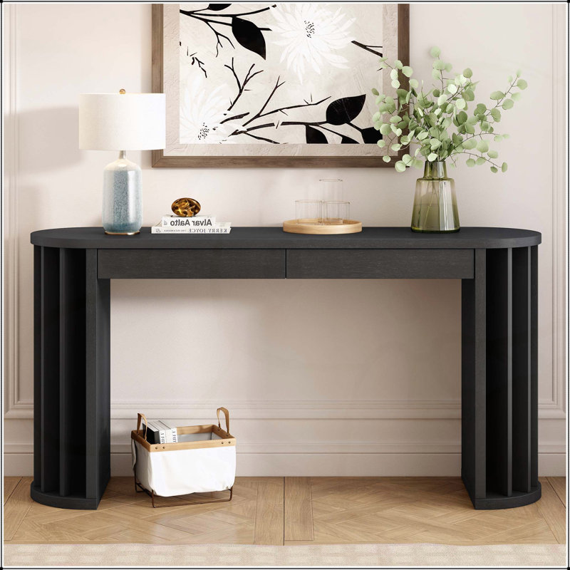 59-inch Long Console Table with Oak Veneer, Curved and Straight Line Design for Farmhouse Entryway, Living Room, and Hallway