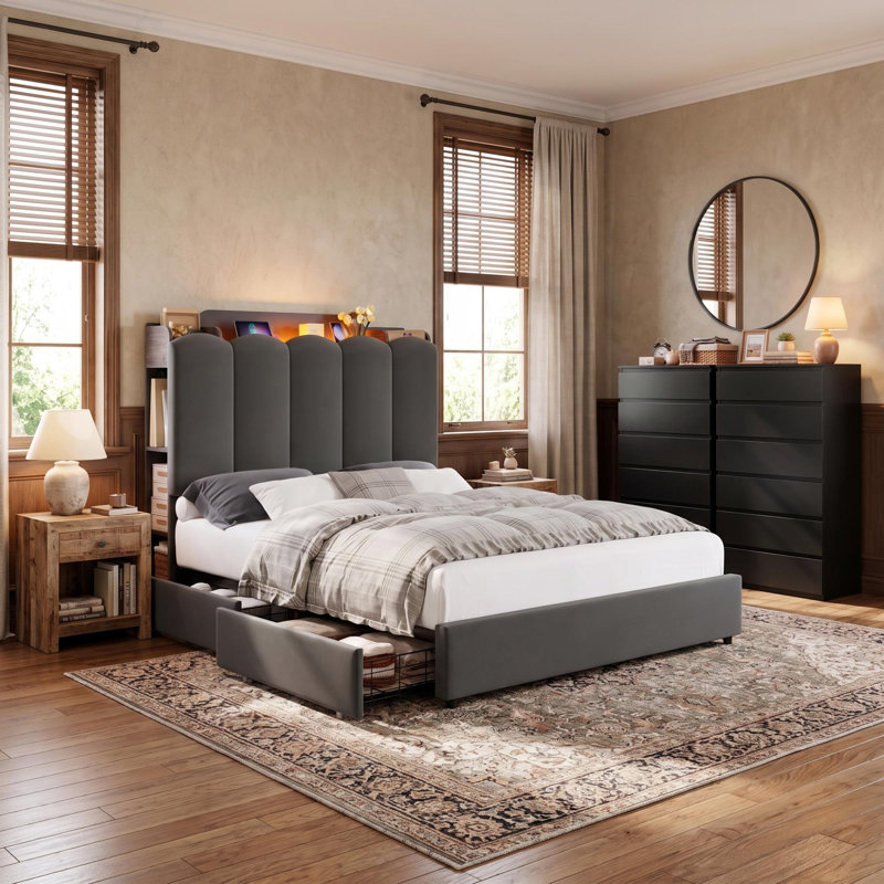 Ensemble de chambre à coucher 3 pièces comprenant un lit à DEL, 2 tiroirs sous le lit et une commode de 2 pièces à 6 tiroirs.