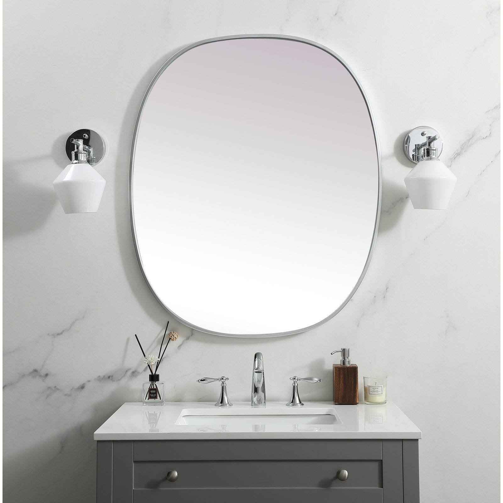 Sabine Metal Curved Oval Wall Mirror, Silver, 36" x 30"
