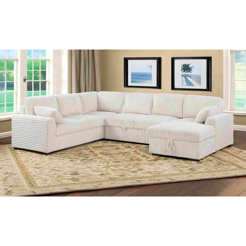 Manfried Oversized U-Shaped Sectional Sofa Bed Pull OutSleeper Couch With Storage Chaise For Living Room, Beige Corduroy