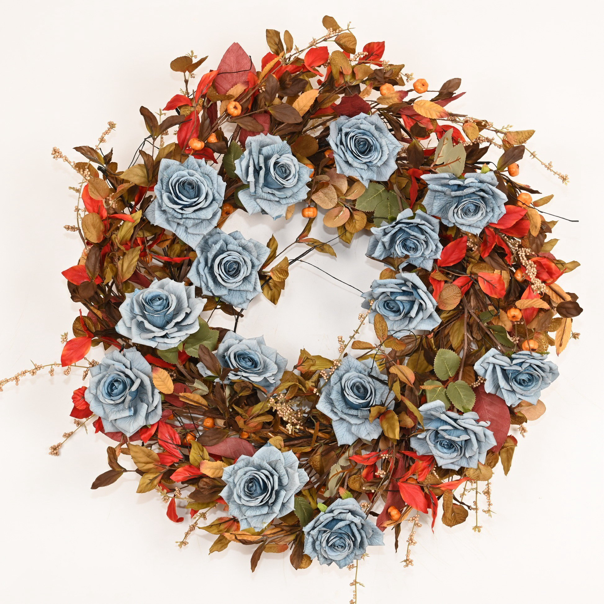 One Allium Way® 24" Artificial Farmhouse Pumpkin Berry Blossom Cluster Fall Foliage Thanksgiving Day Harvest Rose Floral Wreath For Front Door | Wayfair