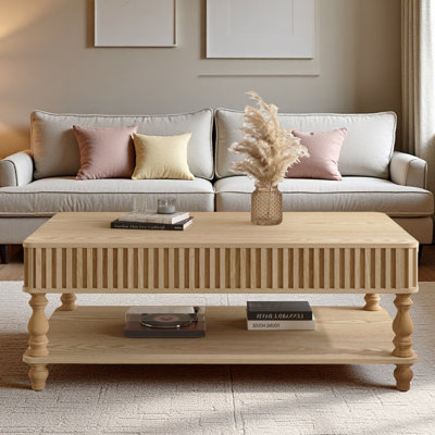 47.24" Lift Top Fluted Coffee Table With Hidden Storage With Roman Column Legs, Rectangle Handmade Solid Wood Strips For Small Space Apartment Living Room, Multi-Functional Lift-Top Design