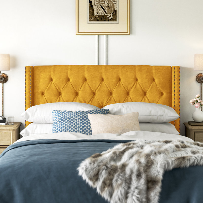 Whitingham Solid Wood Headboard, King, Classic Black Linen, Brass