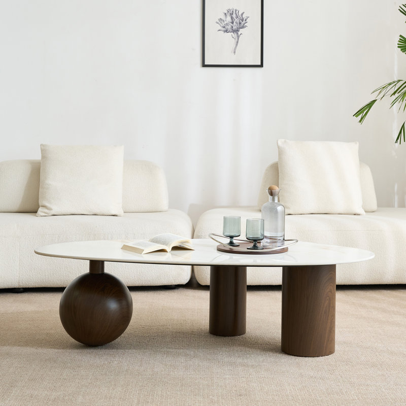 Table basse de 54 po, plateau de table en pierre frittée, 3 pieds en acier inoxydable, forme libre