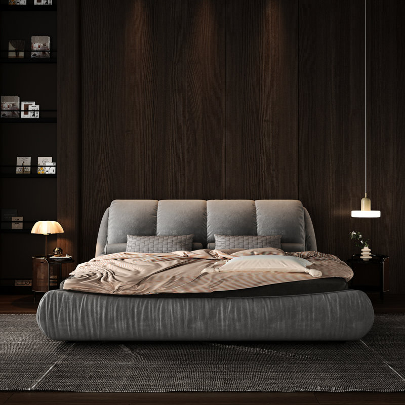 Élégant très grand lit plateforme avec matériau froissé et bois de pin massif, base en bois gris de conception ergonomique luxueuse