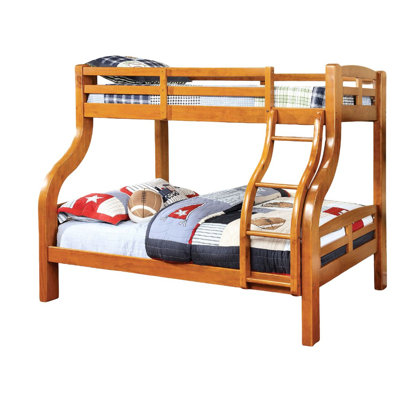 Twin Over Full Bunk Bed In Oak, Transitional Style, Angled , Curved Wood Posts, Solid Structure Style Oak Bed, Bold Wood, Rails For