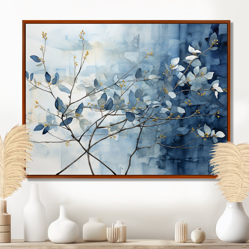 Art mural bleu et gris sur une branche I - Feuilles, H 16 po x l 32 po x P 1 po, Cadre flottant brun
