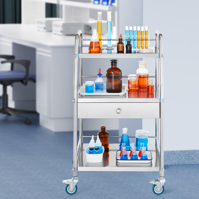 Silver Stainless Steel 3-Tier Mobile Lab Cart with Drawer
