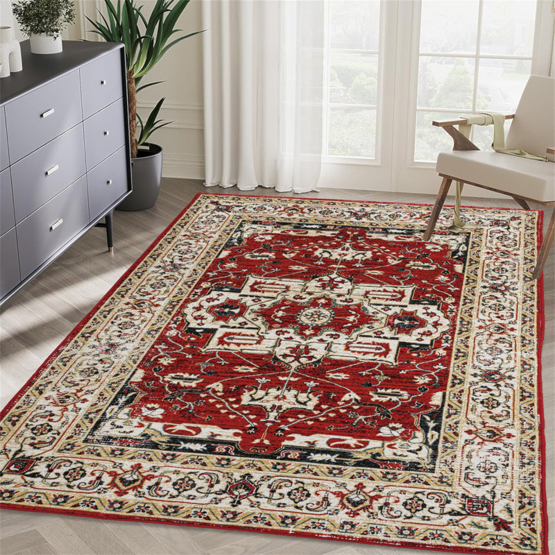 Area Rug Vintage Bohemia Large Persian Non-Slip Washable Rug For Living Room Kitchen Bedroom Living Room Flower Design